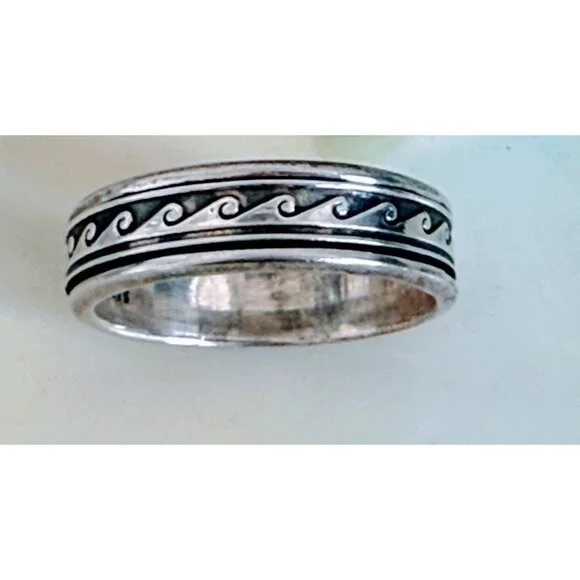 Vintage 90's 925 Silver Mexico Mens Wave Spinner Fidget Sz 14.5 Ring 10g